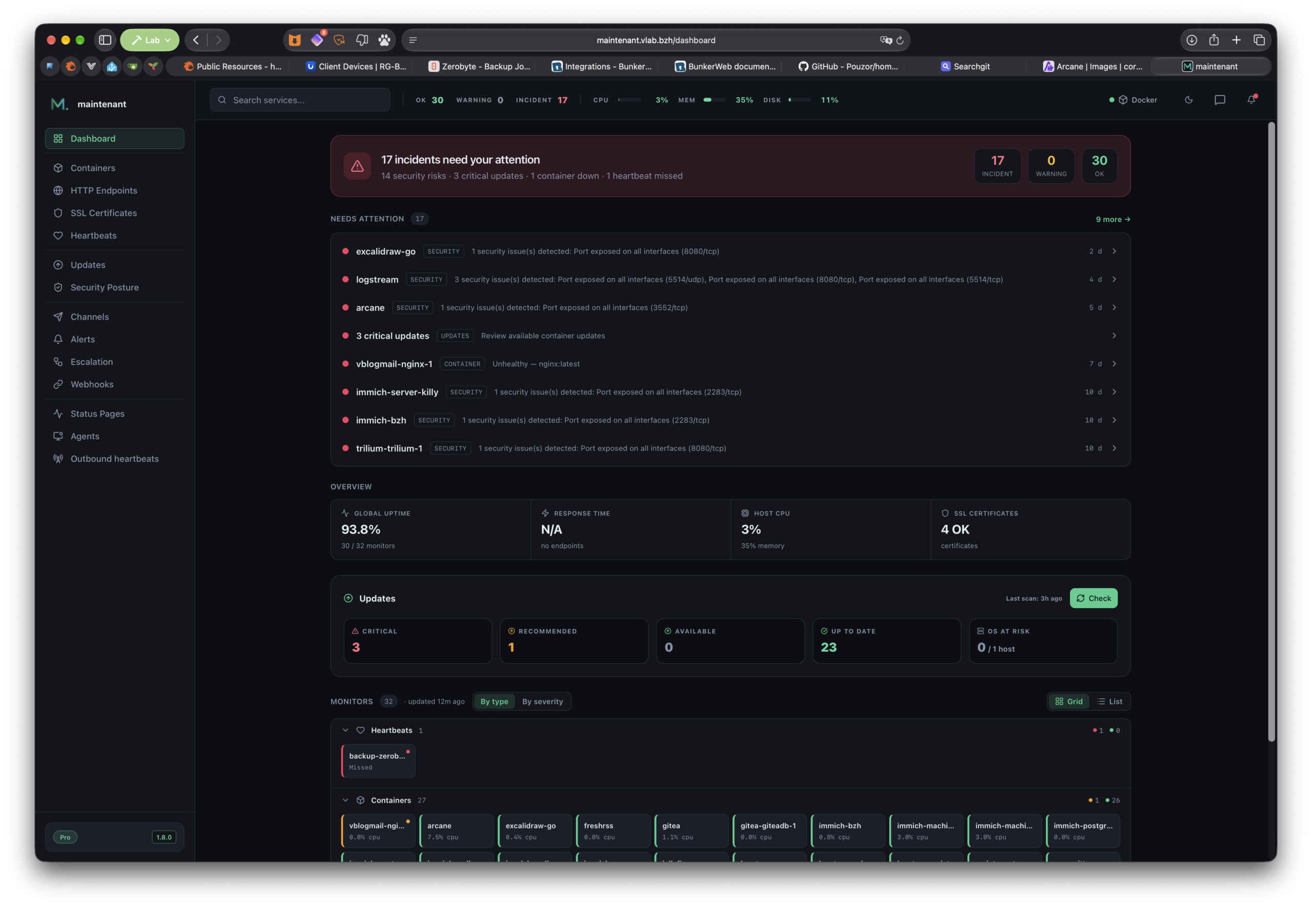 Le dashboard de Maintenant : bannière « 17 incidents », liste Needs attention et vue d'ensemble