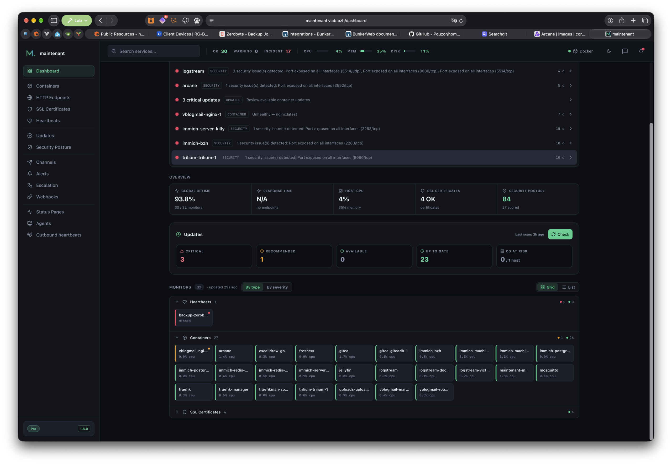 Les monitors du dashboard Maintenant, groupés par type : heartbeats, conteneurs et certificats