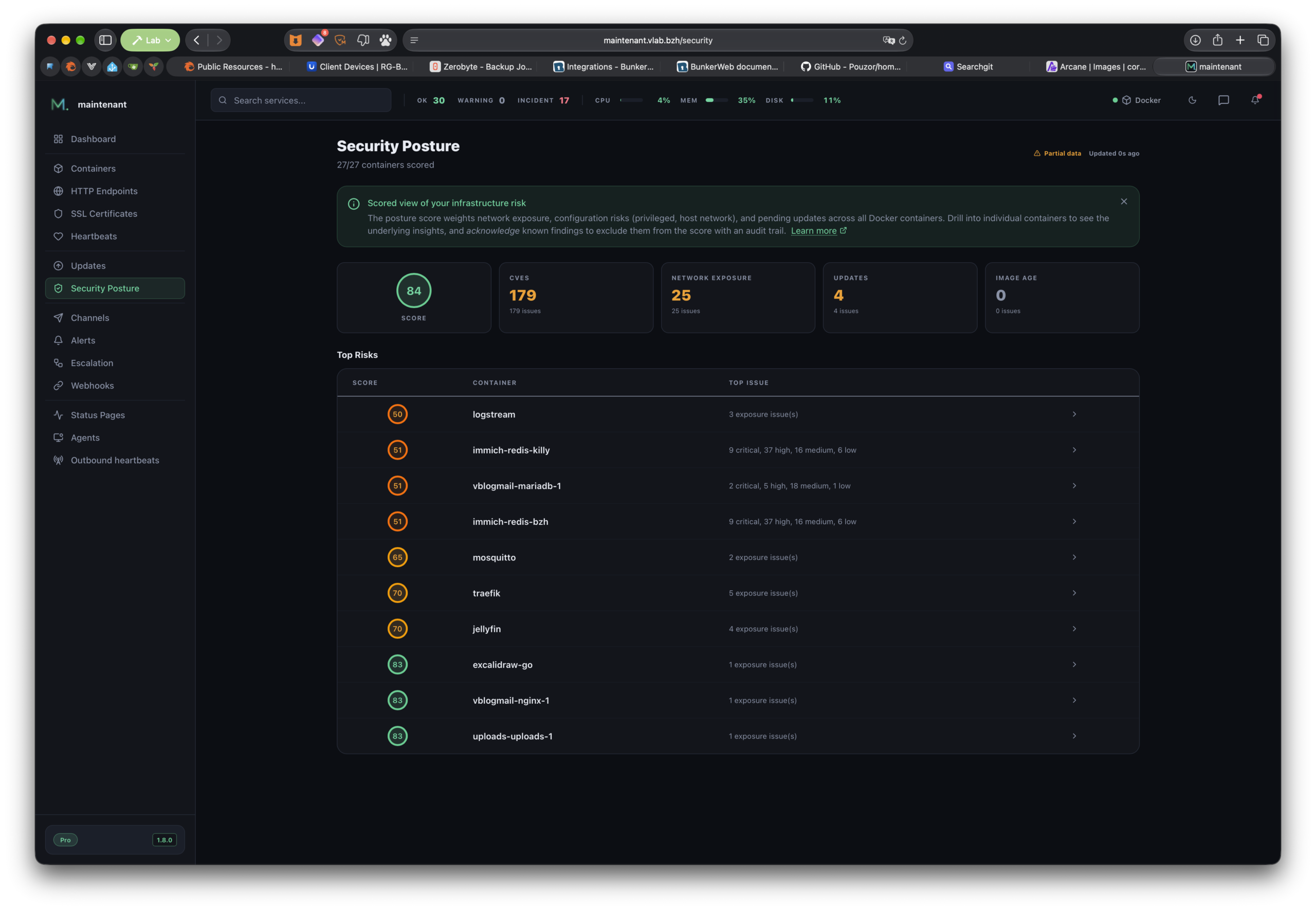 La page Security Posture de Maintenant : score global, CVE, exposition réseau et conteneurs les plus à risque