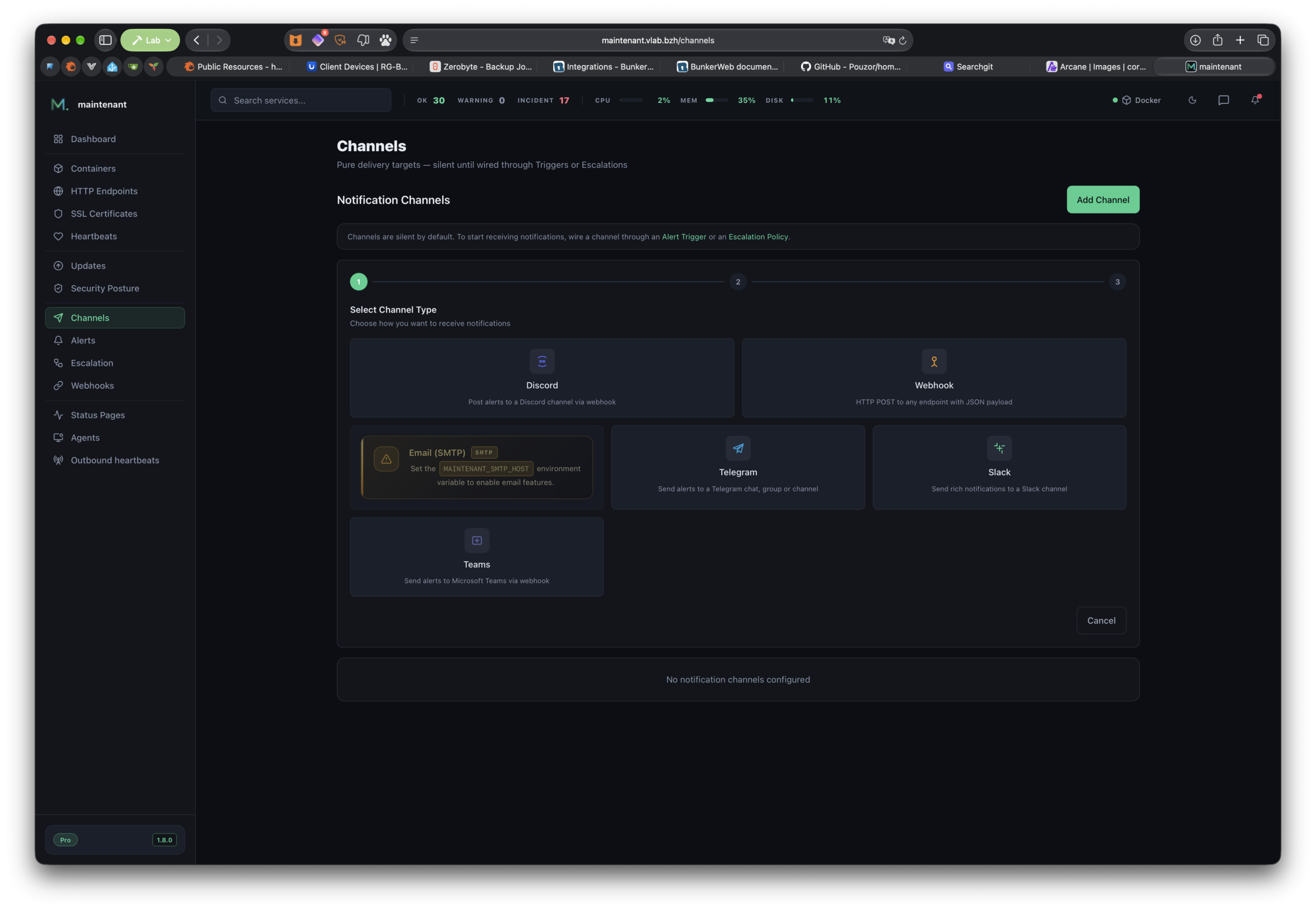 La page Channels de Maintenant : canaux de notification