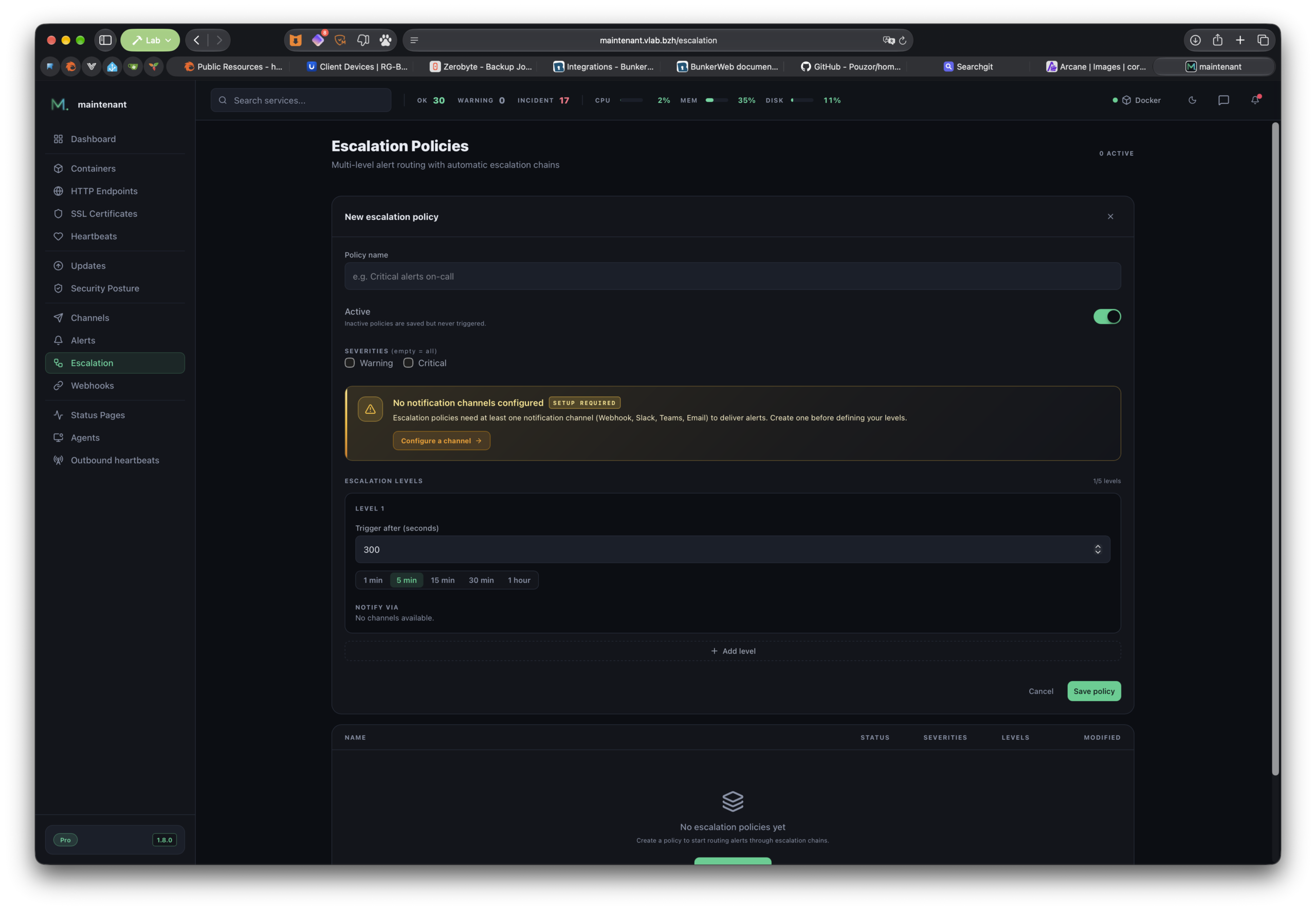 La page Escalation Policies de Maintenant