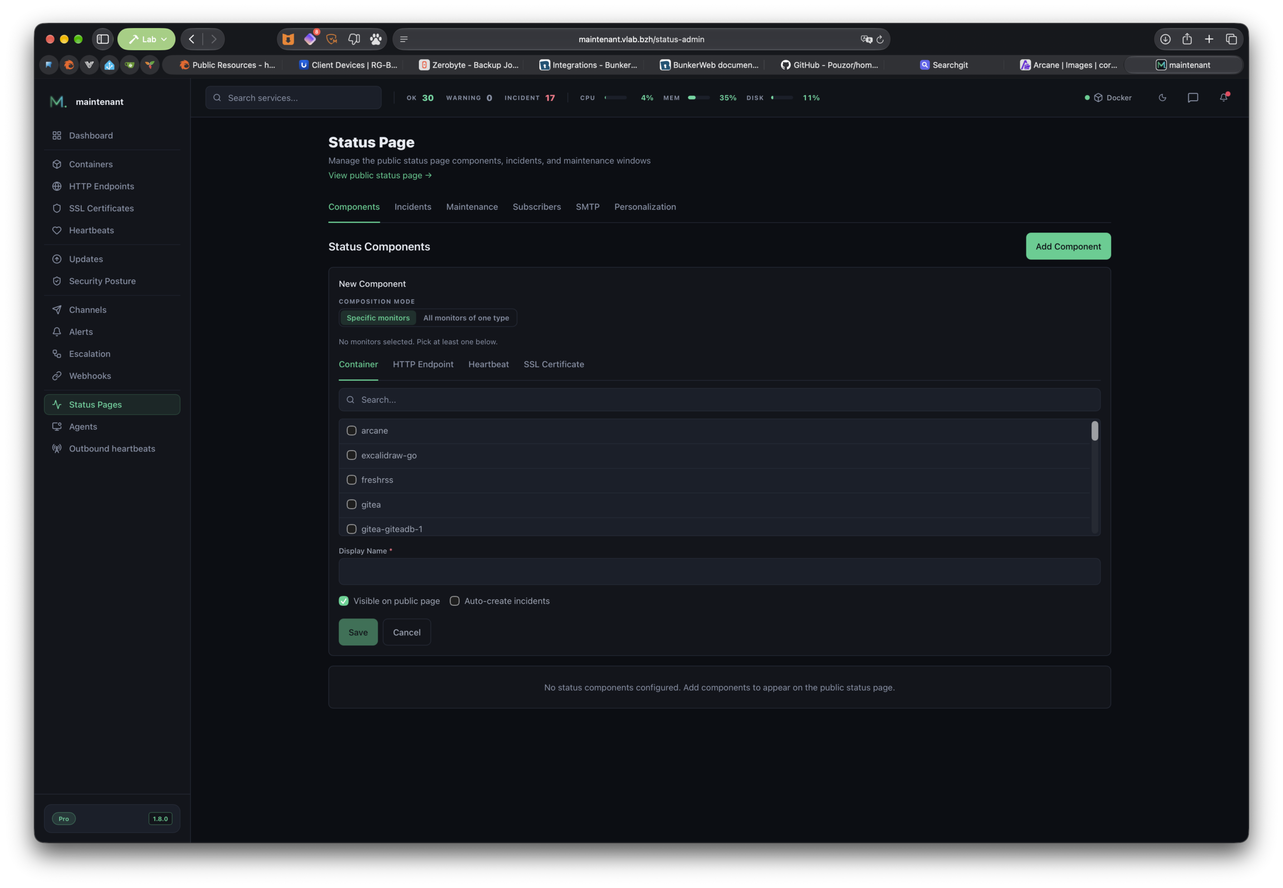 La page de gestion de la Status Page de Maintenant