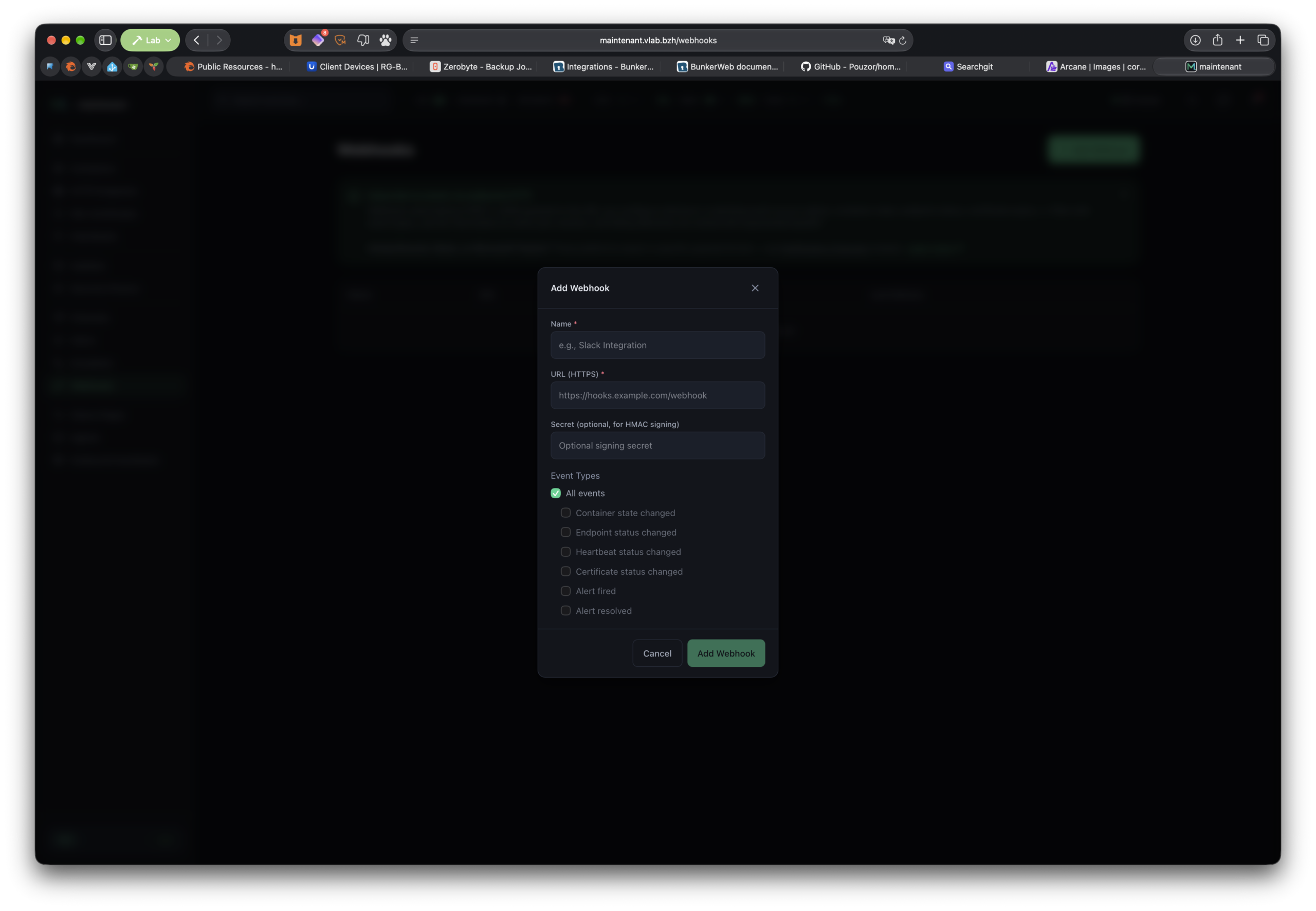 La page Webhooks de Maintenant